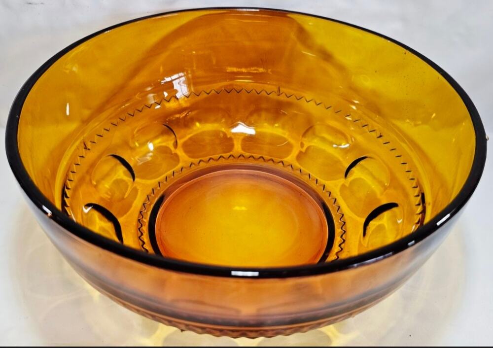 Vintage Indiana Glass Bowl Amber Kings Crown Thumbprint Salad Serving Bowl 9.25"